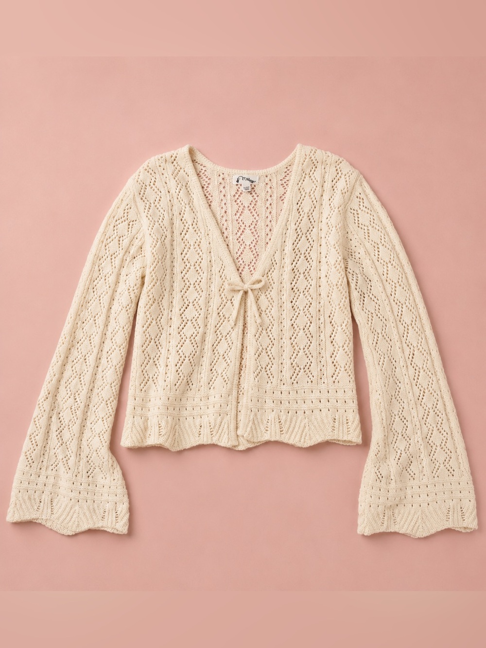 art class Cream Open-Knit V-Neck Tie-Front Sweater